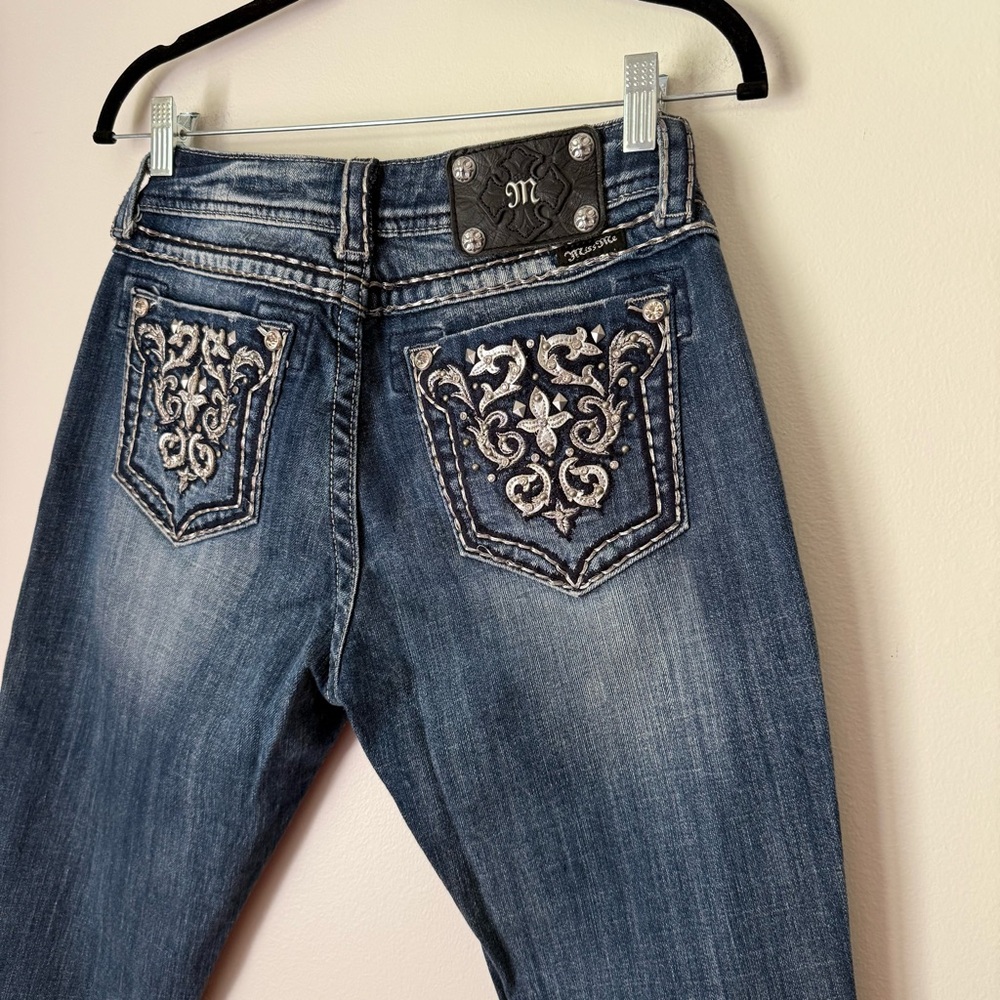 Miss Me Faded Easy Boot Dark Blue Bootcut Jeans with Embellished Pockets size 28